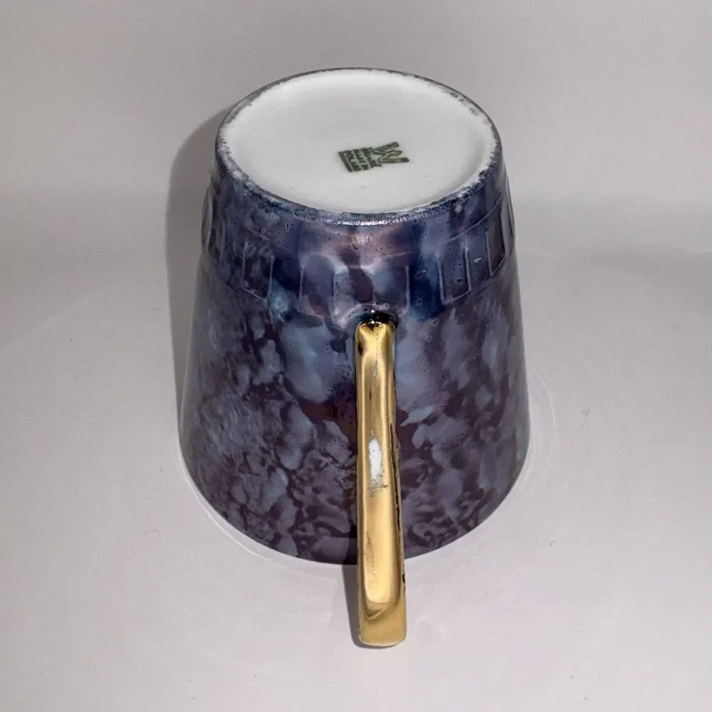 Vintage Wawel Poland Mid Century Demitasse Cup & Saucer Set 3 Blue Marbled Gold